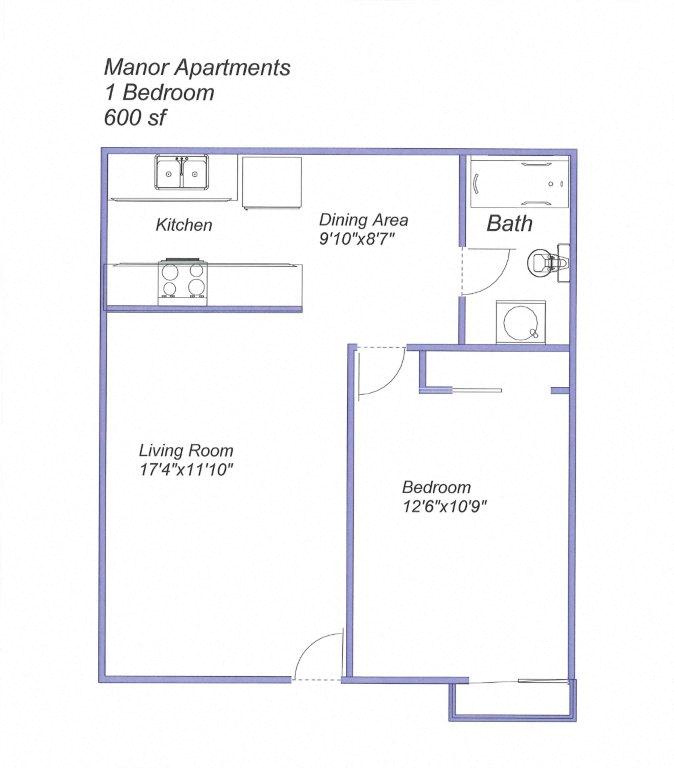 Floor plan for 1 bed, 1 bath, 600 sqft
